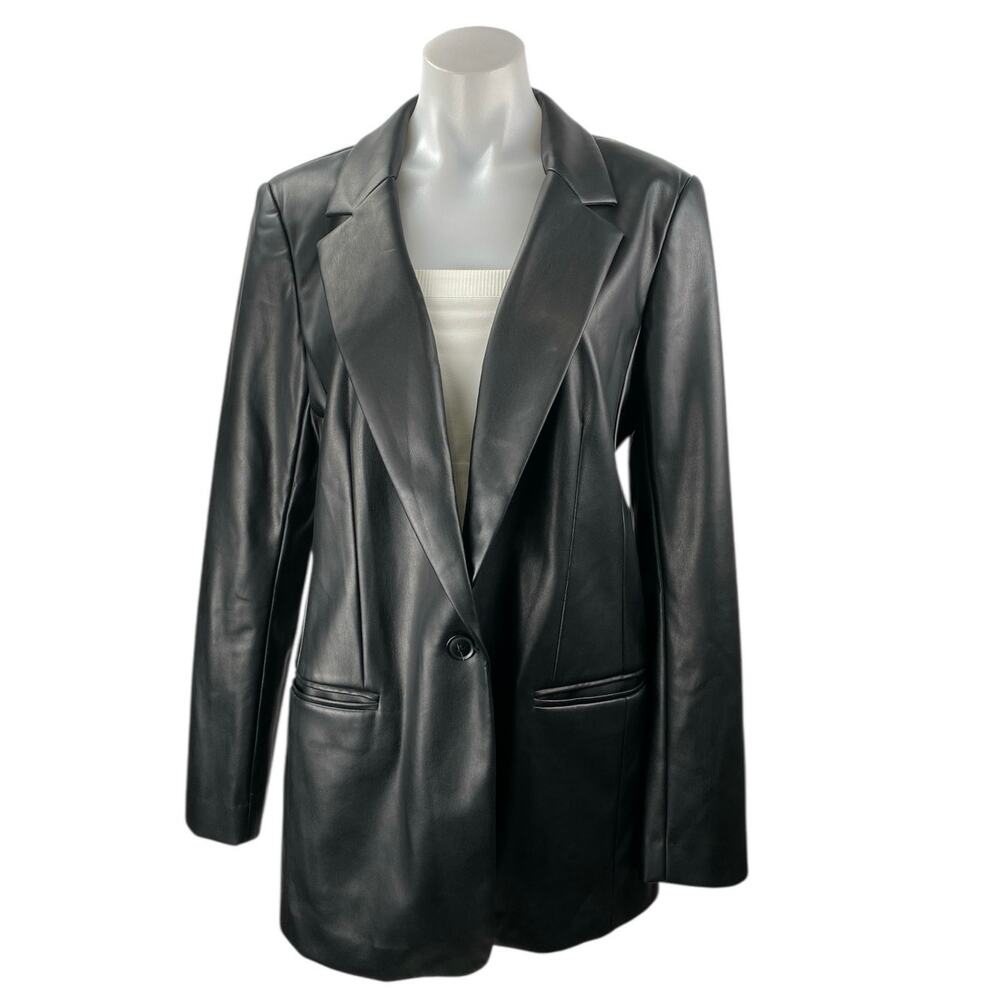 LOFT Women's Black Faux Vegan Leather One Button Long Sleev Coat jacket Size 6